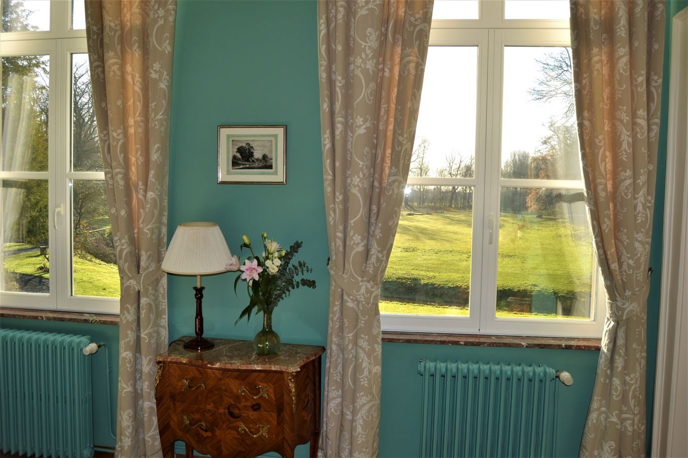 View from the magnolia room at the chateau de la sauliniere over the park